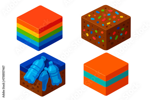 Plastic Geological Layers. Isometric vector illustration set Plastic Geological Layers: Color-striped plastic sediment,