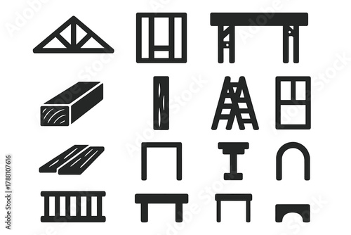 Woodwork Icons Collection. Solid style icons of construction woodwork: roof truss, wall frame, scaffold plank, joist, stud, wooden