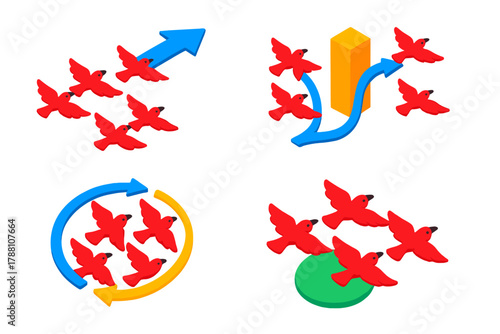 Aerodynamic Maneuver Icons. Isometric vector illustration set Adaptive Group Flight: Wind shift arrow, obstacle split maneuver,