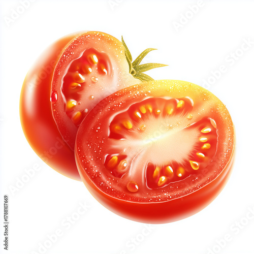 Succulent Slices: A captivating still life of a juicy tomato, expertly sliced to reveal its vibrant interior, showcasing freshness and the essence of natural goodness.