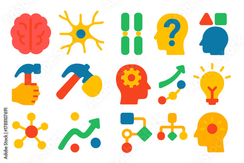 Cognitive Evolution Icons. Flat vector icons of human cognitive evolution: brain icon, neuron, synapse, reasoning symbol, tool use
