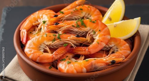 Wallpaper Mural Delicious Shrimp Appetizer with Lemon Slices: Captivating image of succulent, perfectly cooked shrimp, artfully arranged in a rustic bowl, garnished with zesty lemon wedges. Torontodigital.ca