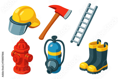 Firefighter Gear Icons. Isometric vector illustration set Firefighter Gear: shiny helmet, steel axe, extended ladder, fire hydrant