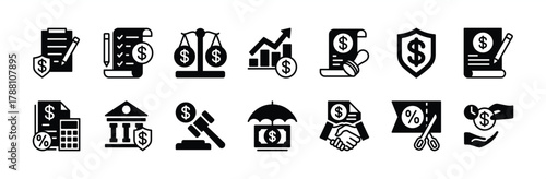 Financial policy icon vector set. Contains bank, law, contract agreement protection, insurance cost, accounting, tax deduction, taxes discount cut, checklist, growth chart, loan deadline. Illustration