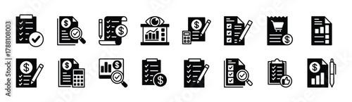 Financial report document icon vector set. Contains checklist, payment bill, clipboard, receipt, invoice, form, note, statement, tax calculation, data search, notepad, analysis paper - illustration