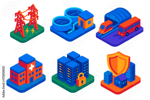 Critical Infrastructure Icons. Isometric vector illustration set Critical Infrastructure Protection: power grid icon, water