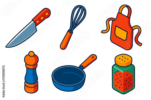 Kitchen Tools Icons. Isometric vector illustration set Kitchen Mastery: knife blade, whisk tool, cooking apron, pepper grinder,