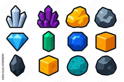 Vibrant Mineral Icons. Flat vector icons of minerals: quartz crystal, amethyst cluster, gold nugget, silver ore, diamond cut stone