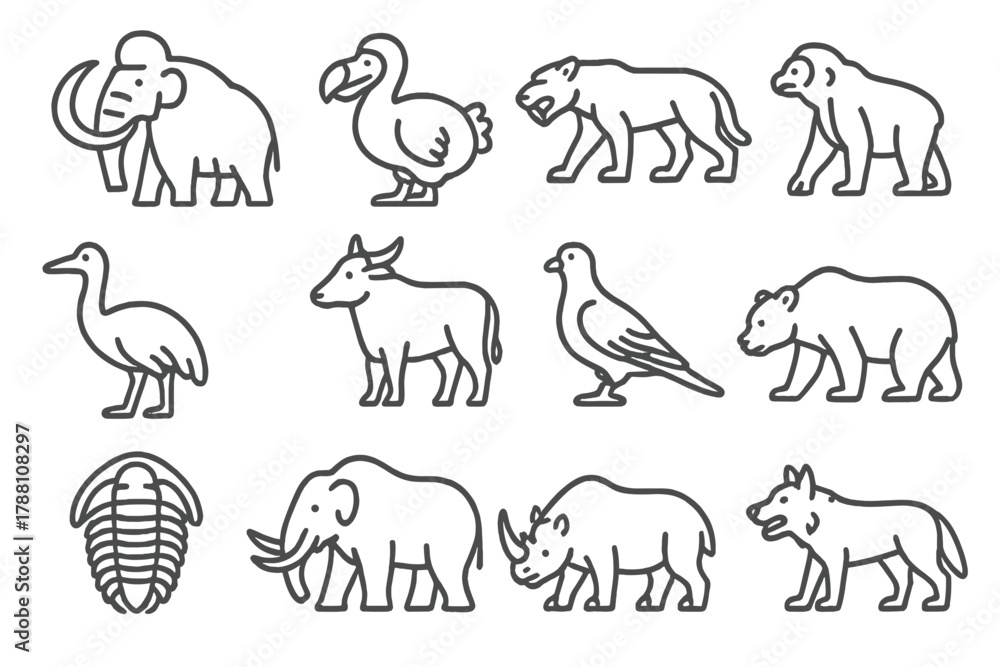 Fototapeta premium Ancient Creatures Icons. Line style icons of ancient creatures: mammoth, dodo, saber-tooth cat, giant sloth; moa, aurochs,