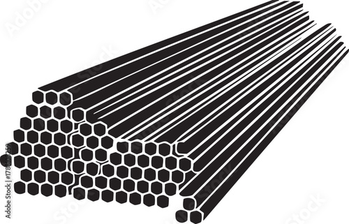 Monochrome abstract structure shows stacked hexagonal pipes transitioning to straight lines in white space