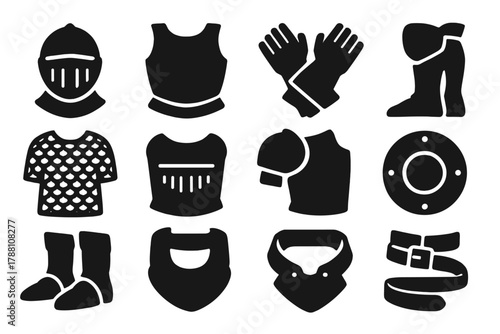 Medieval Armor Icons. Solid style icons of medieval armor: helmet, breastplate, gauntlets, greaves, chainmail, visor, shoulder