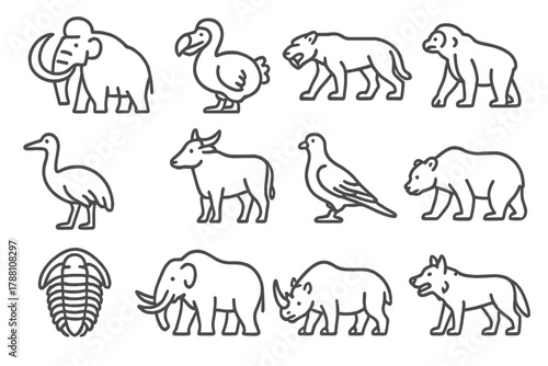 Ancient Creatures Icons. Line style icons of ancient creatures: mammoth, dodo, saber-tooth cat, giant sloth; moa, aurochs,