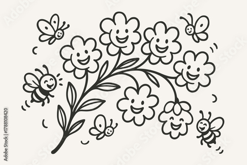 Smiling Blooms and Giggles. A doodle of a falcate branch with curved blossoms, each flower smiling while bees and butterflies