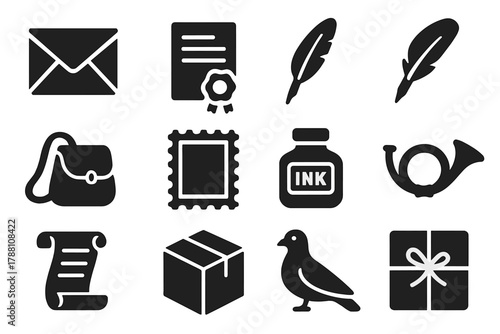 Postal Icon Set. Solid style icons of Postal Communication: Envelope, Letter, Wax Seal, Quill Pen, Mailbag, Stamp, Ink Bottle,