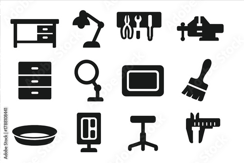 Workshop Icon Set. Solid style icons of Workshop setup: workbench, lamp, tool rack, vice clamp, storage drawer, magnifier stand,