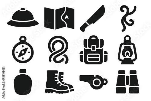 Jungle Exploration Icons. Solid style icons of jungle exploration: pith helmet, map, machete, vine, compass, rope, backpack,