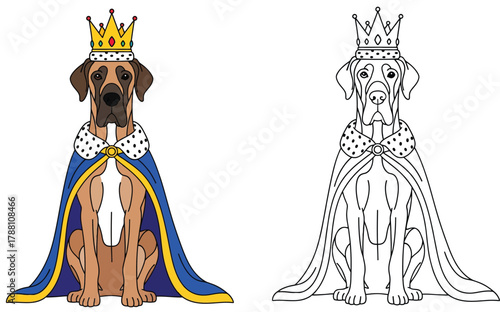 Majestic Great Dane Dog King Wearing Crown and Royal Robe - Cartoon Vector Illustration with Outline Version