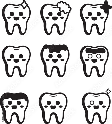 Nine cartoon teeth with happy expressions show different health conditions on transparent background