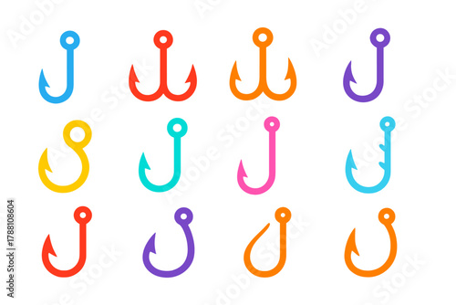 Colorful Fishing Hooks. Flat vector icons of fishing hooks: single hook, double hook, treble hook, barbed hook, circle hook, jig