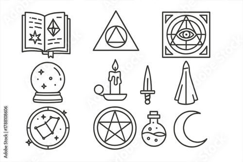 Hermetic Symbols Icons. Line style icons of Hermetic Study: Secret Manuscript, Occult Sign, Arcane Glyph, Esoteric Diagram;