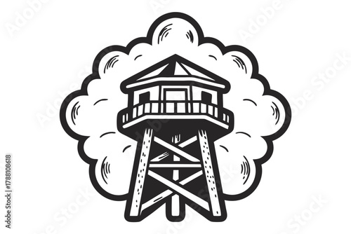monochrome lookout tower with cloud outline offers vintage style observation point emblem