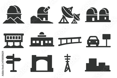 Observatories Icons Set. Solid style icons of large observatories: mountaintop dome, desert telescope, radio dish array, twin