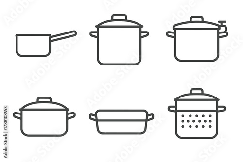 Cookware Line Icons. Line style icons of cookware: saucepan, stockpot, pressure cooker, Dutch oven, roasting pan, steamer pot. No