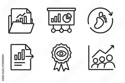 Transparency Icons Collection. Line style icons of Reporting and Transparency: open report folder, shared metric board, audit
