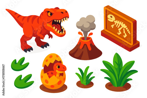 Jurassic Icons Collection. Isometric vector illustration set Jurassic Creatures: angry T-Rex, fossil bone display, hatched egg,