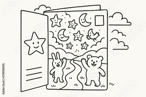 Postcard Portal Adventure. A doodle of a giant postcard acting as a door to a dreamy landscape, with happy stars, moons, and