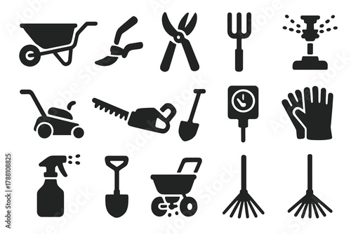 Garden Tools Icons. Solid style icons of garden equipment: wheelbarrow, pruning shears, garden fork, lawnmower, hedge trimmer,