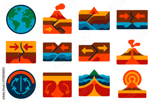 Tectonic Plate Icons. Flat vector icons of plate tectonics: tectonic plate map, subduction zone, mid-ocean ridge, transform fault,