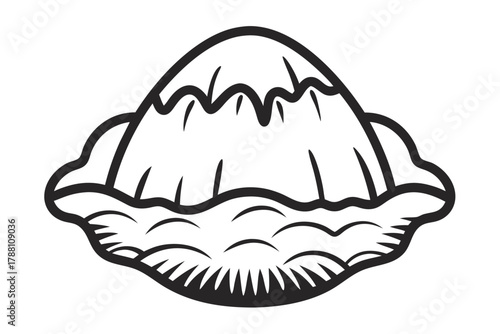 Monochrome volcano illustration shows thick, wavy cloud line on its slopes and base