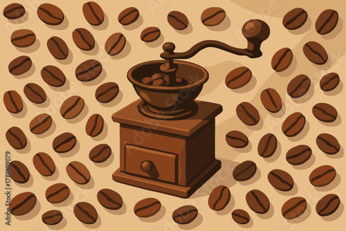 Artisan Coffee Flat Lay. Artistic vector illustration flat lay of artisan coffee beans scattered around a vintage grinder, rich