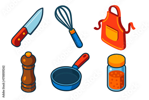 Kitchen Tools Icons. Isometric vector illustration set Kitchen Mastery: knife blade, whisk tool, cooking apron, pepper grinder,