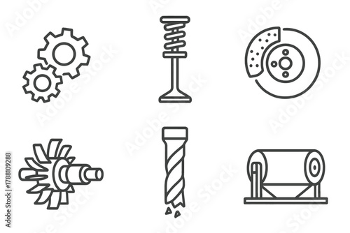 Industrial Application Icons. Line style icons of Industrial Applications: gear in contact, engine valve train, brake pad friction