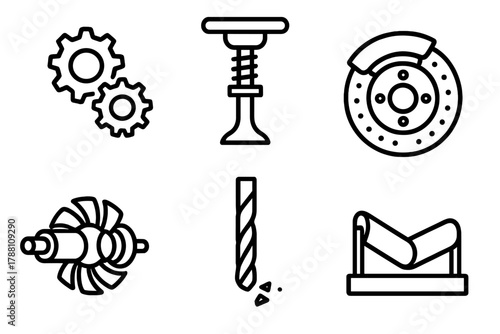 Industrial Application Icons. Line style icons of Industrial Applications: gear in contact, engine valve train, brake pad friction