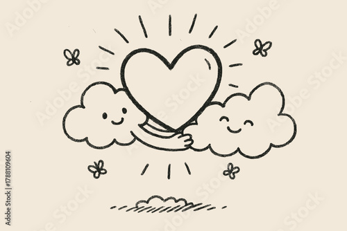 Glowing Heart with Butterflies. A doodle of a glowing eidolon heart floating in the air, with smiling clouds hugging it and tiny