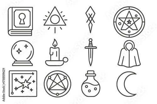 Hermetic Symbols Icons. Line style icons of Hermetic Study: Secret Manuscript, Occult Sign, Arcane Glyph, Esoteric Diagram;