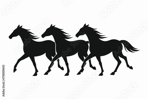 Three black horse silhouettes gallop together powerfully on a white background creating a dramatic effect