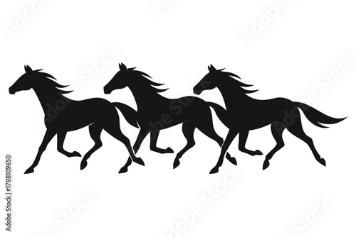 Three black horse silhouettes are running swiftly in a row against white background