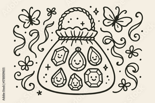 Gemstone Reticule Delight. A doodle illustration of a fancy reticule decorated with happy gems, while playful ribbons and