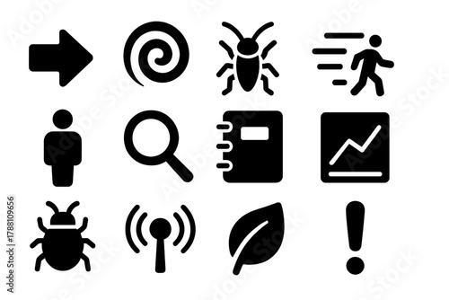 Behavioral Tracking Icons. Solid style icons of behavioral response tracking: arrow, spiral, cricket silhouette, motion lines,