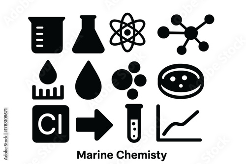 Marine Chemistry Icons. Solid style icons of Marine Chemistry: Beaker, Flask, Atom, Molecule, pH Scale, Droplet, Bubble, Test Dish