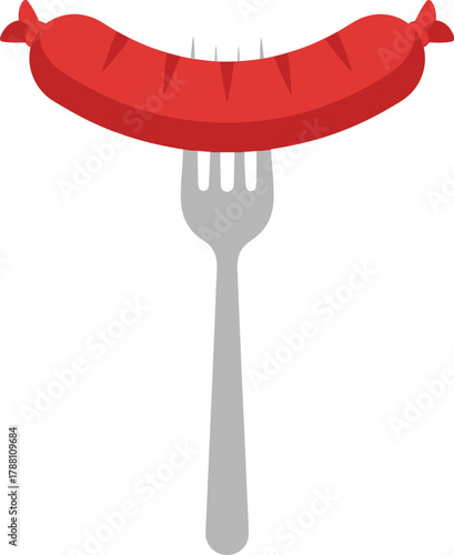 Sausage impaled on a metal fork, a simple flat design illustration symbolizing quick meal preparation, barbecue, or fast food items for various graphic applications.