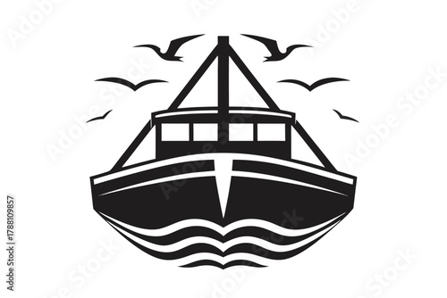 Seagulls fly above a detailed silhouette boat floating on water waves, presented in black and white