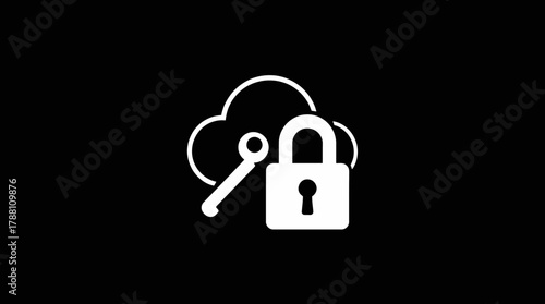 White cloud icon with padlock and key, representing data security.