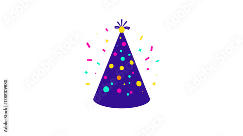 A party hat with colorful confetti floating around it, set against a white background.