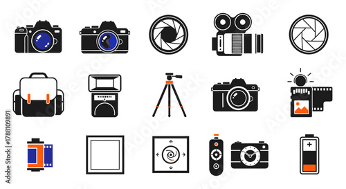 A collection of camera and photography equipment icons, including cameras, lenses, tripods, and accessories, presented in a simple, graphic style.