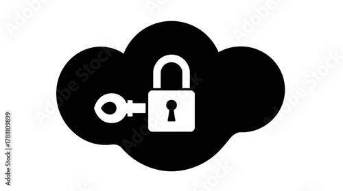 A black cloud icon with a white padlock and key symbolizing cloud security and data protection.